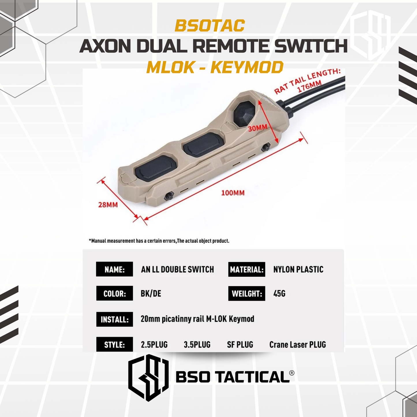WADSN UN Tactical Axon Dual Remote Wire Control Pressure Switch for SF Flashlight 2.5 3.5 Crane Plug MLOK Keymod Picatinny