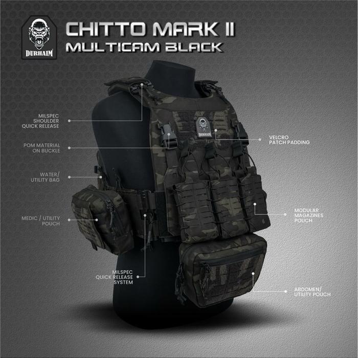 Durhaim Chitto Mark II Plate Carrier Tactical Vest Multicam Black Full Set Rompi Outdoor - ORIGINAL