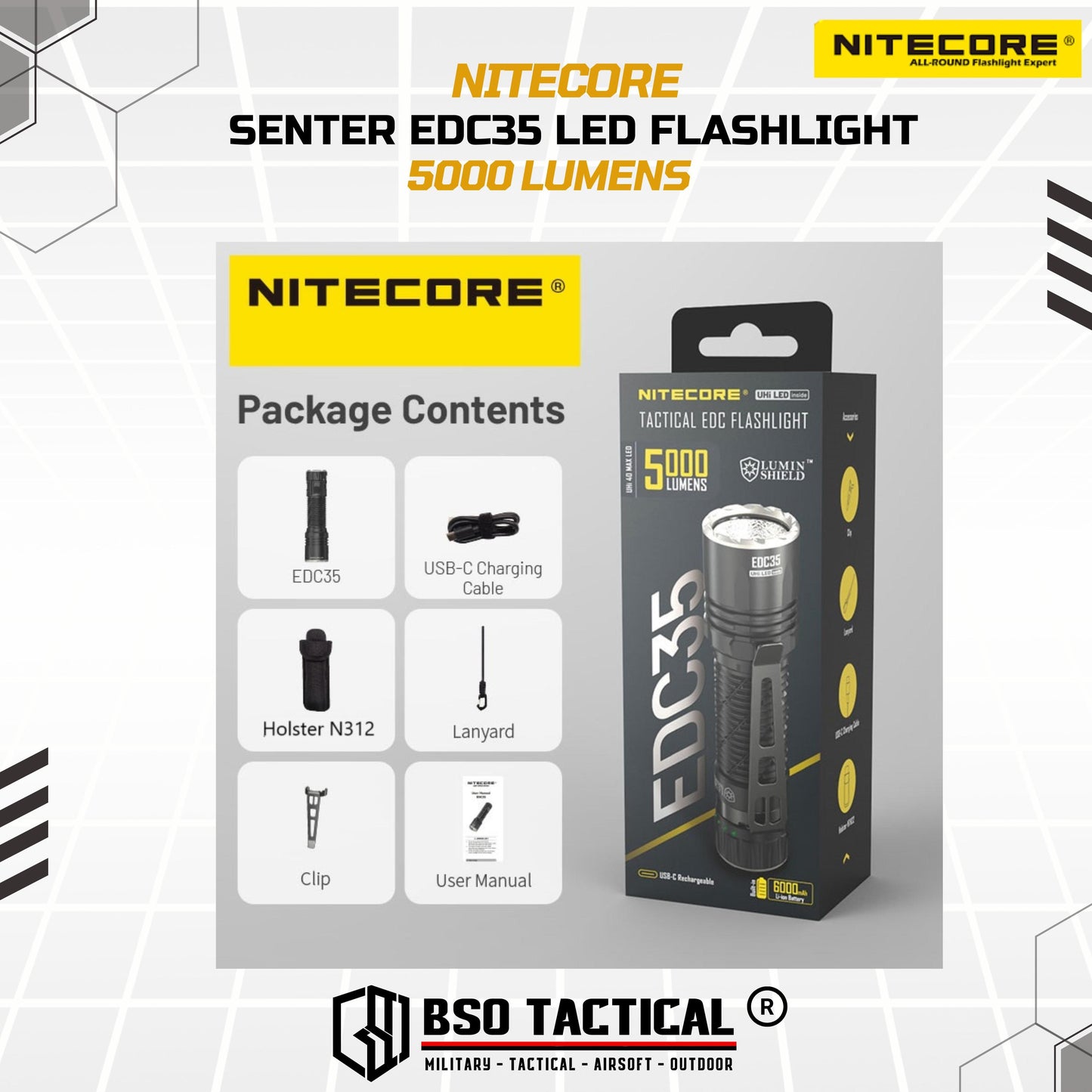 NITECORE Senter EDC35 LED Tactical EDC Flashlight UHi 40 IP68 5000 Lumens Outdoor Flashlight