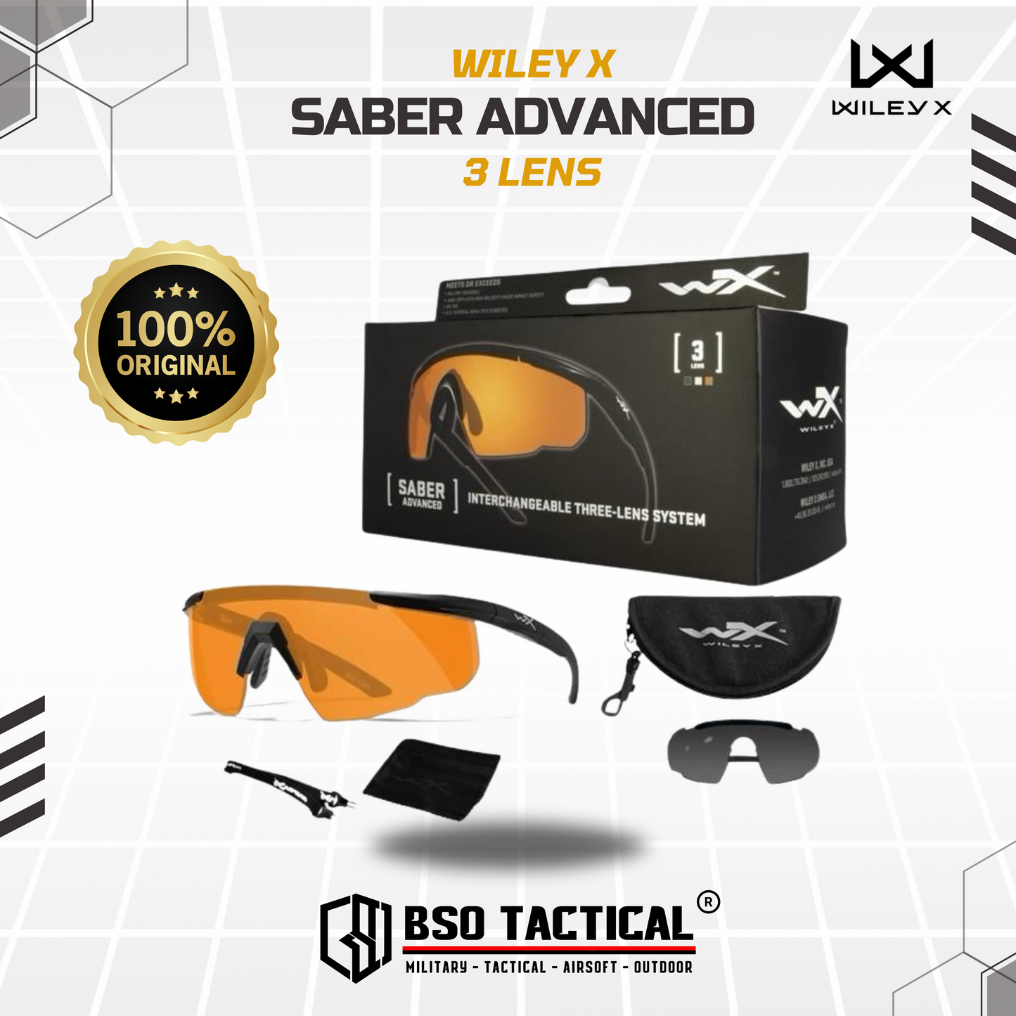 Kacamata Wiley X Saber Advanced 3 Lenses Tactical Sunglasses - ORIGINAL