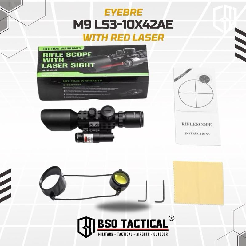 Eyebre M9 LS3-10x42E Optic Tactical Scope with Red Laser Sight Full Metal