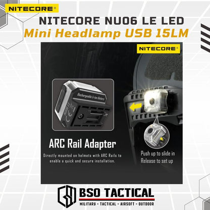 Lampu Nitecore NU06 LE LED Mini Headlamp USB 15LM Tactical Signal Lamp