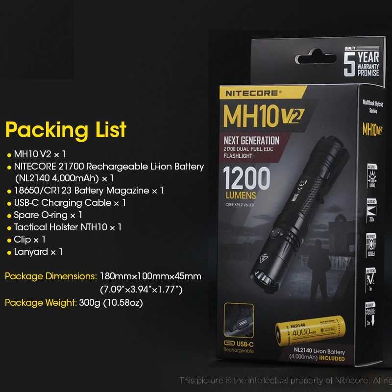 NITECORE MH10 V2 CREE L2 V6 LED 1200LM Tactical Flashlight - ORI