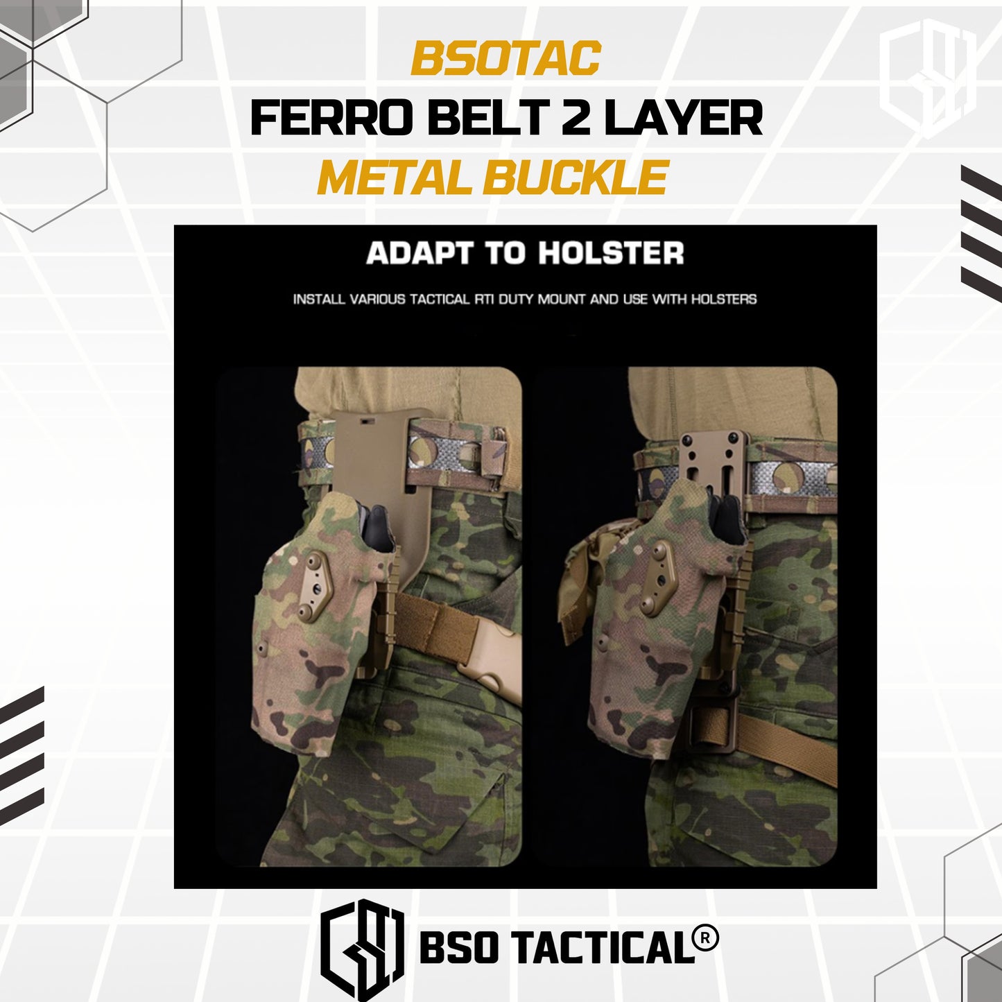 Ferro Style Bison Tactical Belt 2 Layer Quick Detach Metal Buckle IPSC Outdoor Multicam & Black 500D CORDURA Nylon Ringan dan Profil Rendah