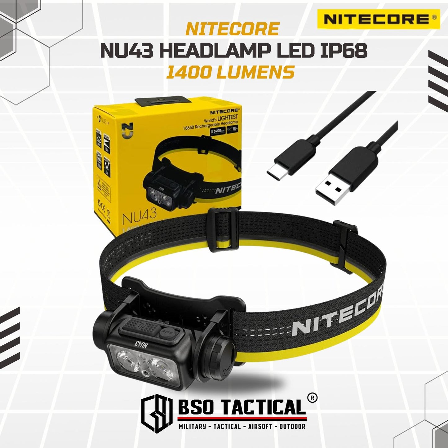 Senter Kepala Nitecore NU43 Headlamp LED Lightweight IP68 1400LM Baterai