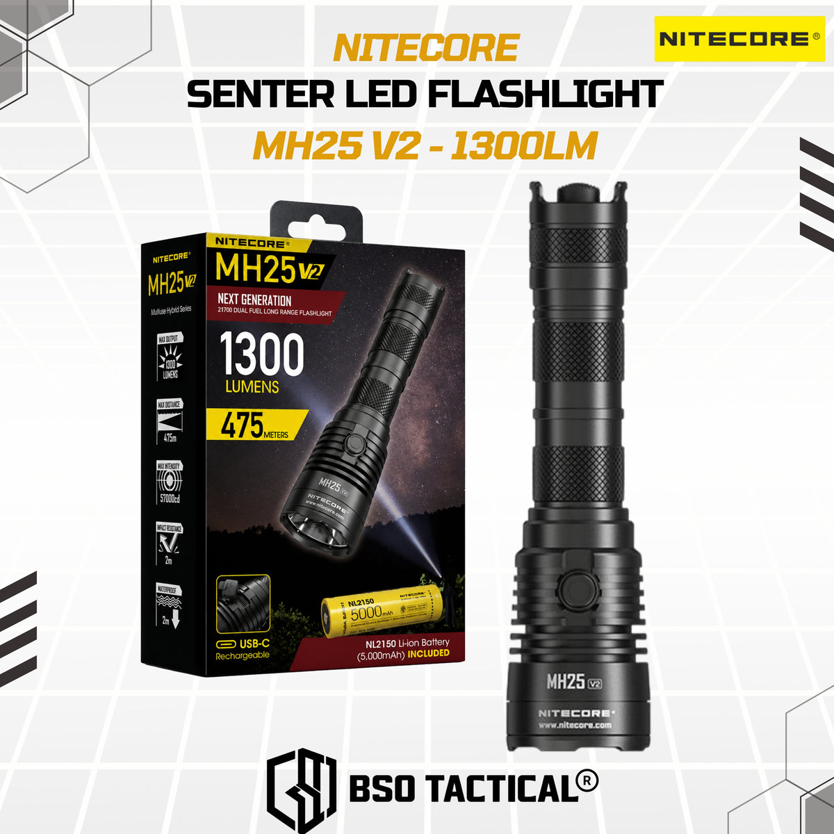NITECORE Senter LED Flashlight Waterproof IP68 1300 Lumens - MH25 V2