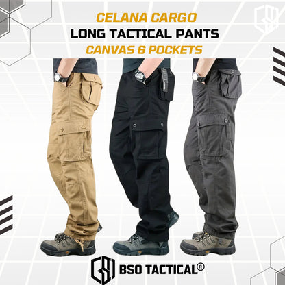 Celana Outdoor Cargo Long Tactical Pants Canvas 6 Pockets Casual Loose Pria Panjang Army