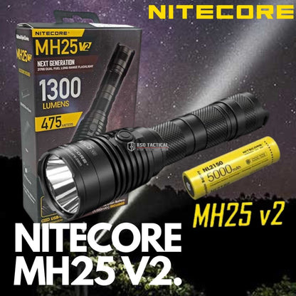 Senter Nitecore MH25 V2 1300 Lumens Tactical Outdoor Flashlight ORI Baterai