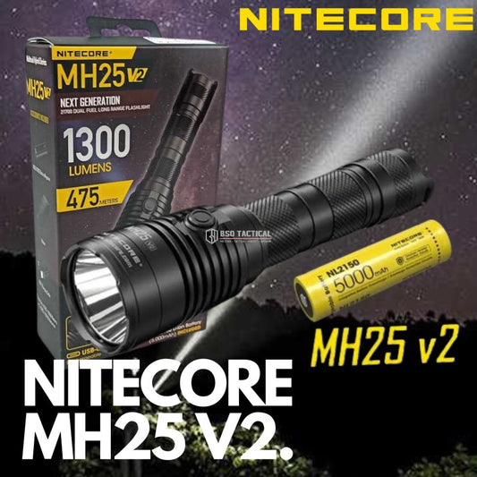 Senter Nitecore MH25 V2 1300 Lumens Tactical Outdoor Flashlight ORI Baterai