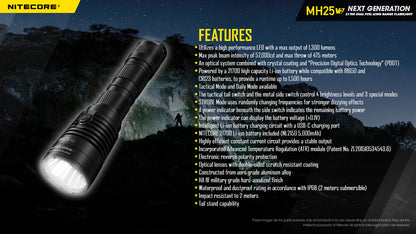 Senter Nitecore MH25 V2 1300 Lumens Tactical Outdoor Flashlight ORI Baterai