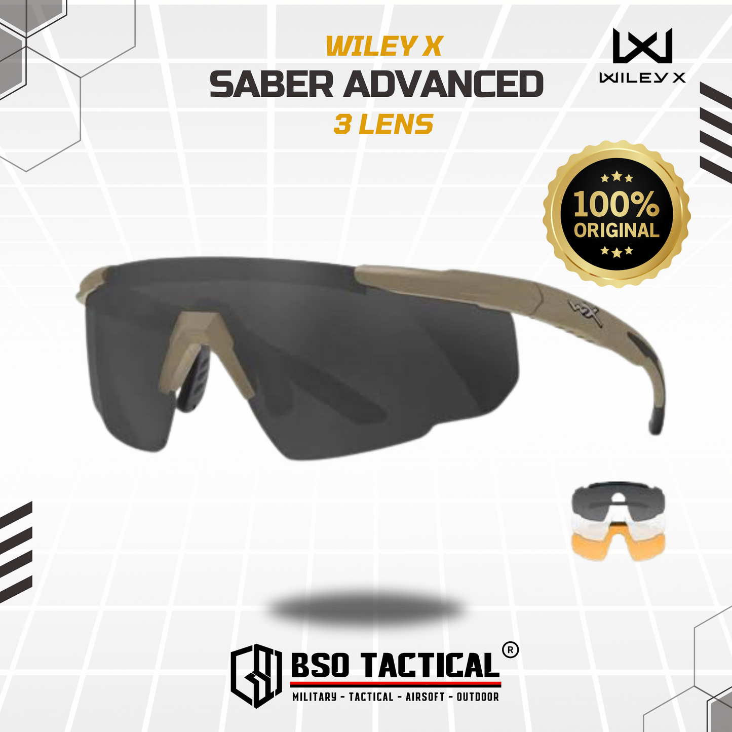Kacamata Wiley X Saber Advanced 3 Lenses Tactical Sunglasses - ORIGINAL