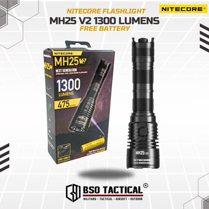 Senter Nitecore MH25 V2 1300 Lumens Tactical Outdoor Flashlight ORI Baterai