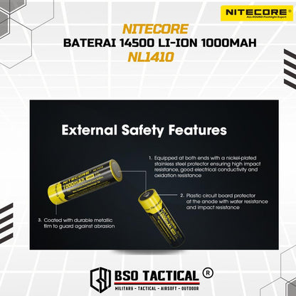 Nitecore Battery 14500 Rechargeable 1000mah Li Ion 3.7V ORIGINAL Batre Baterai