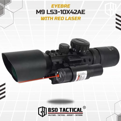 Eyebre M9 LS3-10x42E Optic Tactical Scope with Red Laser Sight Full Metal