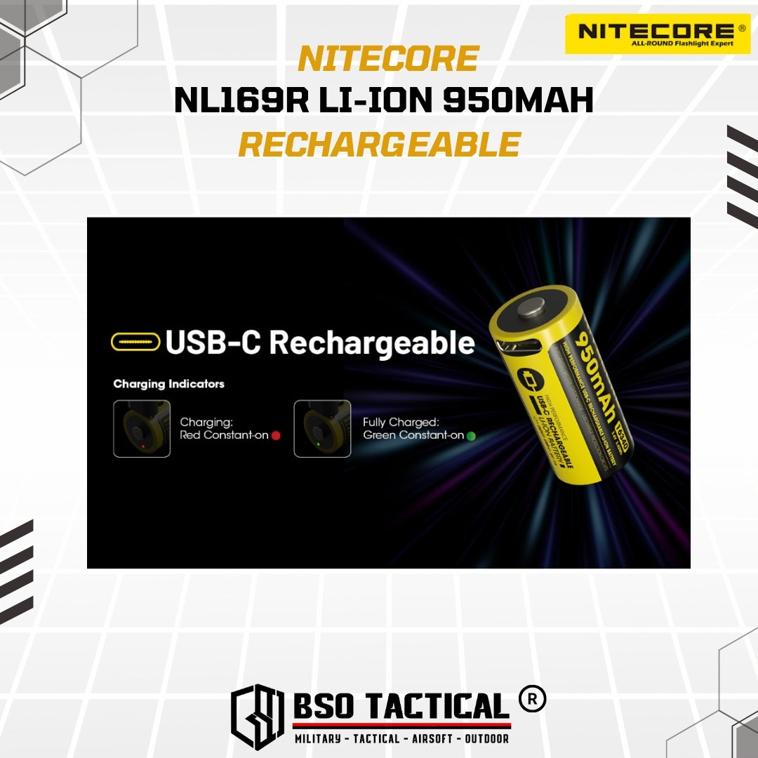 Nitecore CR123 16340 Battery Rechargeable USB C 3.6V 950Mah NL169R Baterai Charger