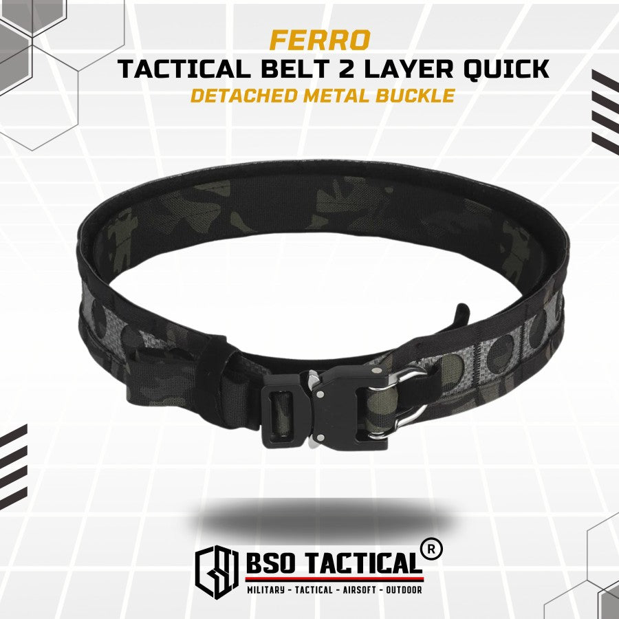 Ferro Style Bison Tactical Belt 2 Layer Quick Detach Metal Buckle IPSC Outdoor Multicam & Black 500D CORDURA Nylon Ringan dan Profil Rendah