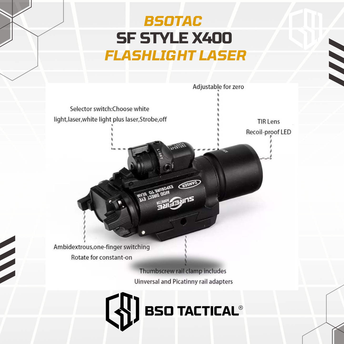 Senter Laser Combo SF Style X400 500 Lumens 20mm Rail Handgun LED Flashlight