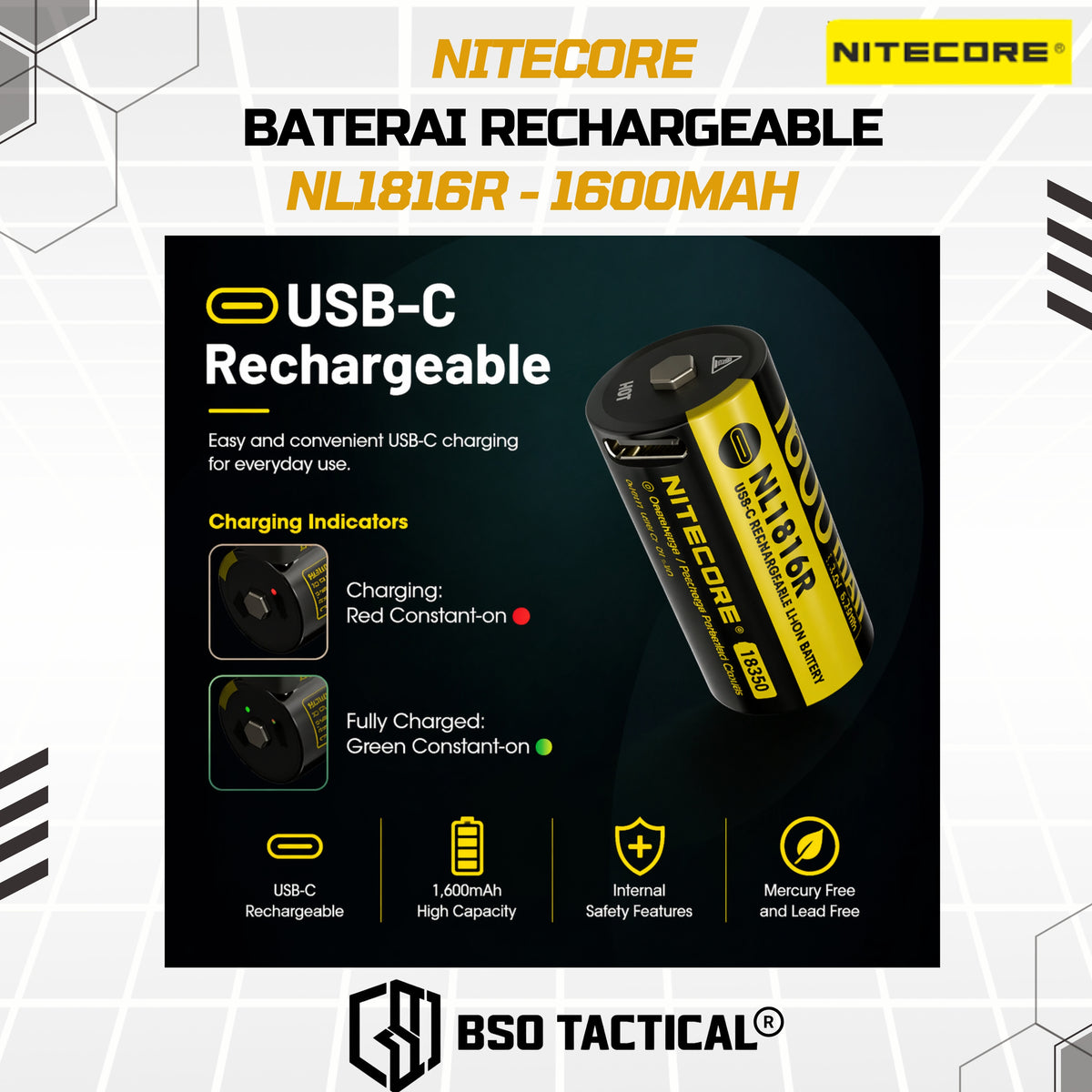NITECORE Baterai Rechargeable 18350 Li-Ion 3.6V 1600mAh - NL1816R