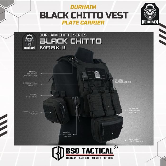Durhaim Black Chitto Mark II Plate Carrier Tactical Vest Full Set Rompi Outdoor - ORIGINAL