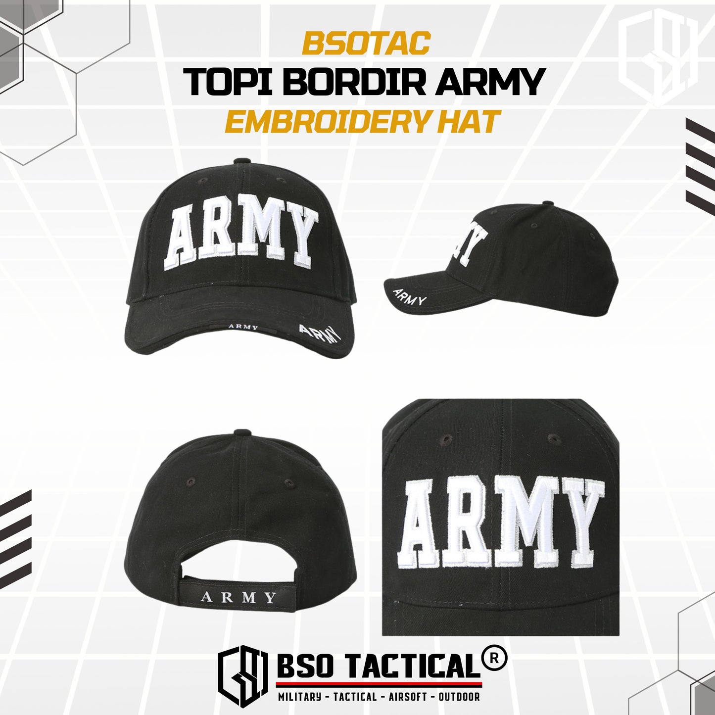Topi Outdoor Bordir ARMY Embroidery Hat Casual Cap Adjustable Allsize
