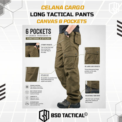 Celana Outdoor Cargo Long Tactical Pants Canvas 6 Pockets Casual Loose Pria Panjang Army