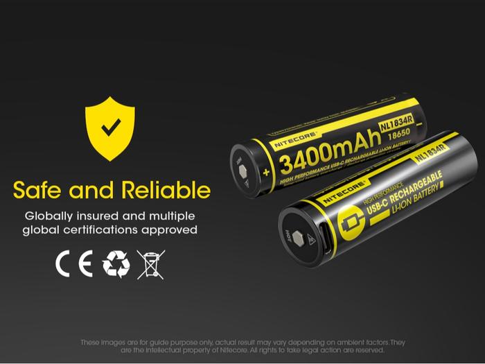 NITECORE Baterai Rechargeable Battery USB-C 18650 Li-Ion 3.7V 3400mAh-NL1834R Batre Led