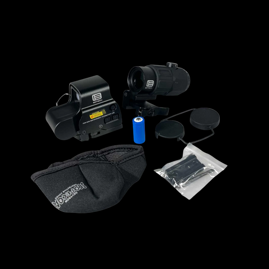 Eotech 558 G45 style airsoft holosight with accessories on a white background, featuring BSO Tactical branding.