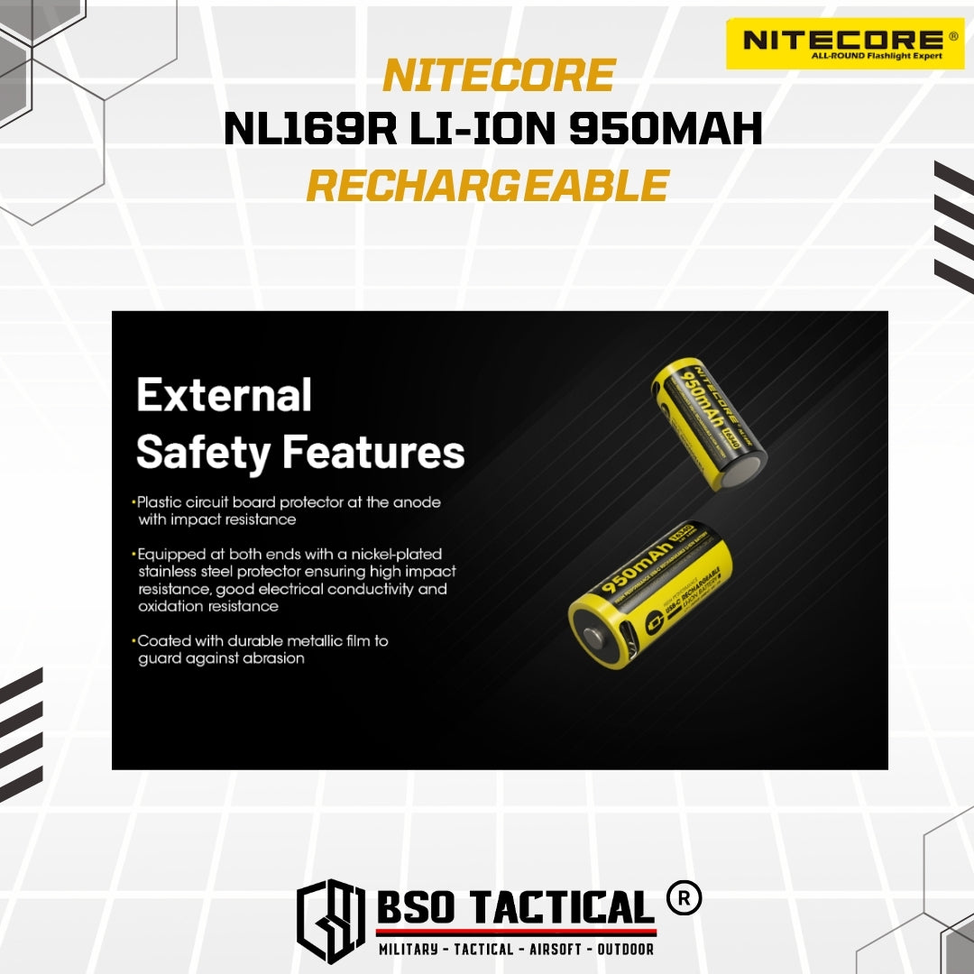 Nitecore CR123 16340 Battery Rechargeable USB C 3.6V 950Mah NL169R Baterai Charger