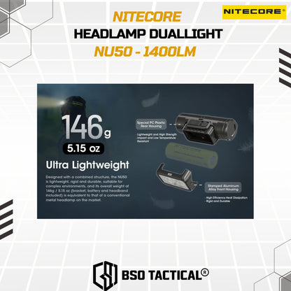 NITECORE NU50 Senter Kepala Headlamp Duallight IP68 1400LM 4000Mah - ORIGINAL