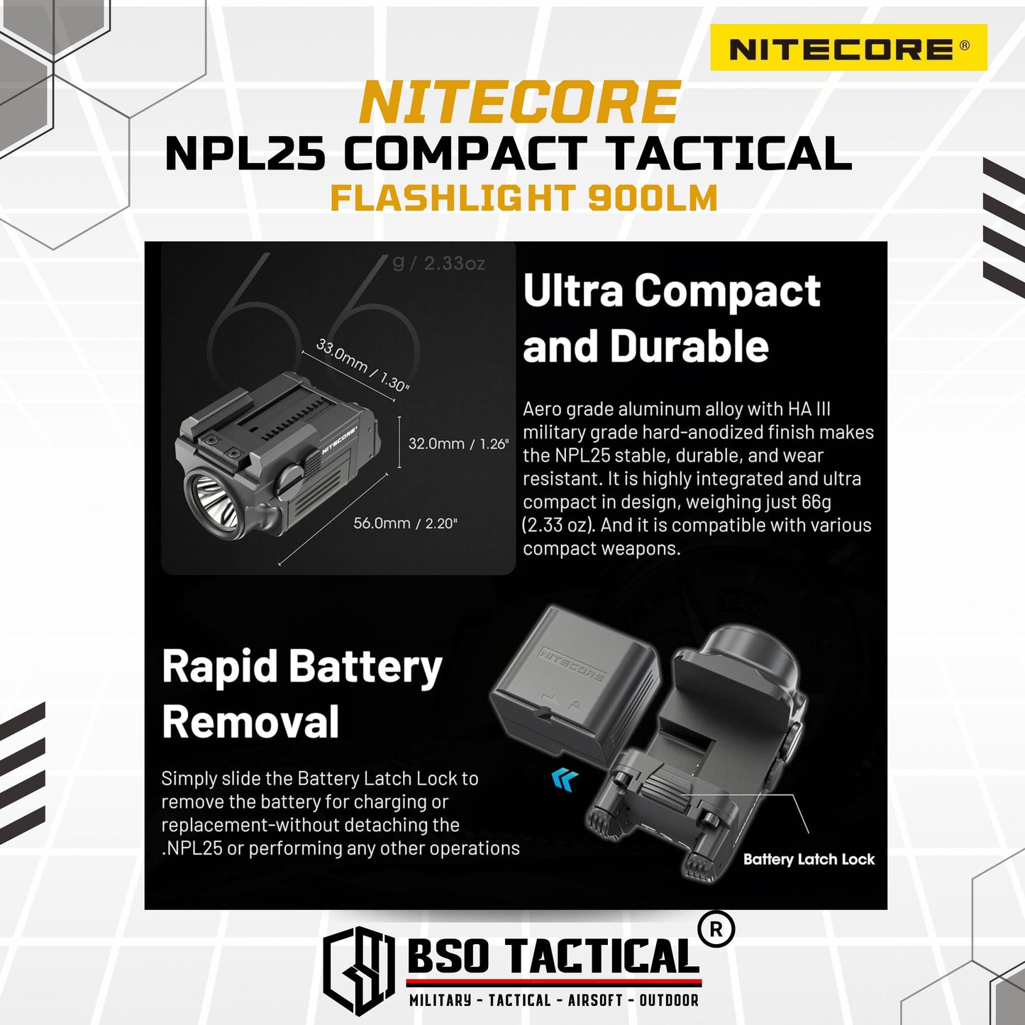 NITECORE NPL25 Compact Tactical Flashlight 900LM Picatinny Recoil Proof ORIGINAL