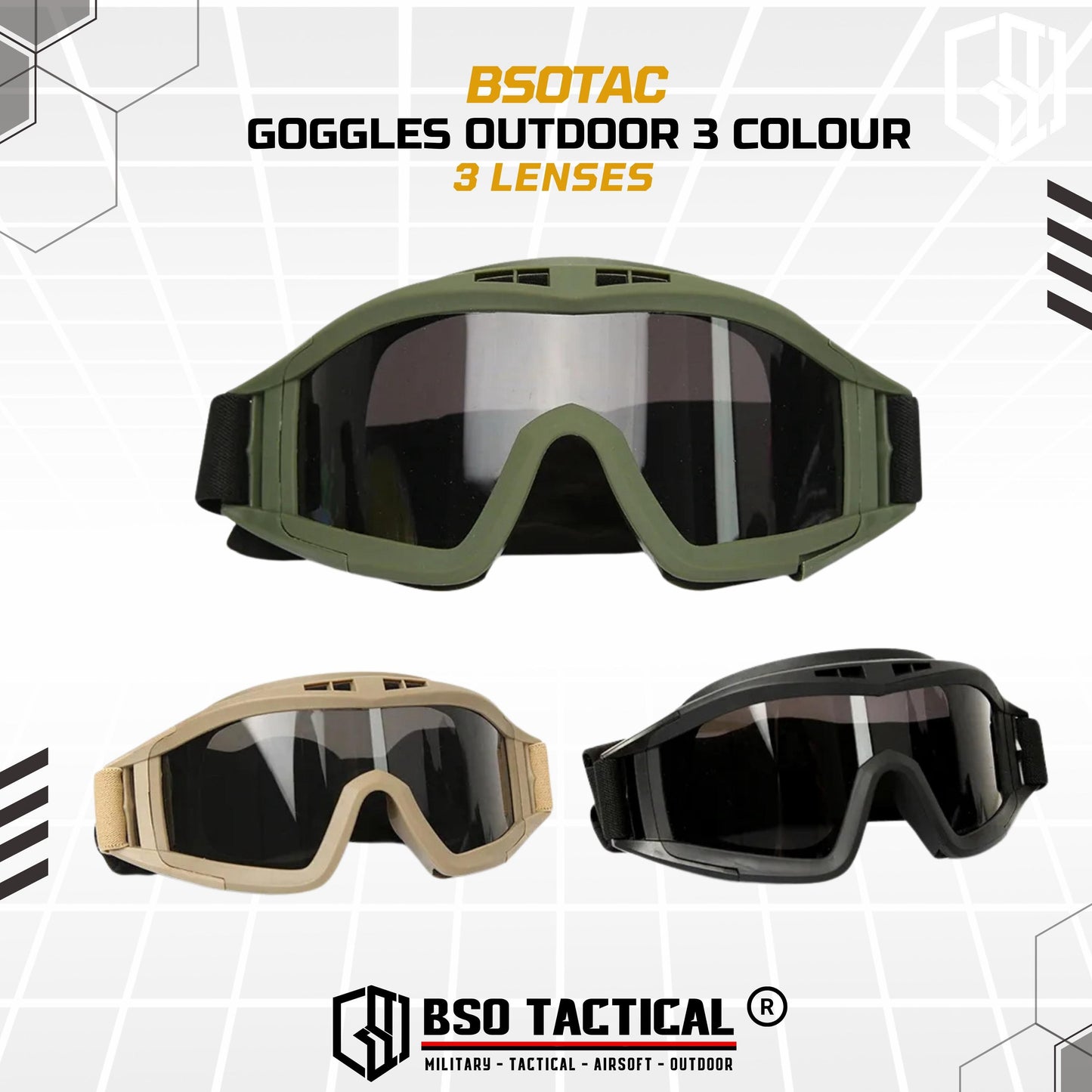 Tactical Outdoor Goggle 3 Lens Rubber Polymer Multifungsi Eye Protection
