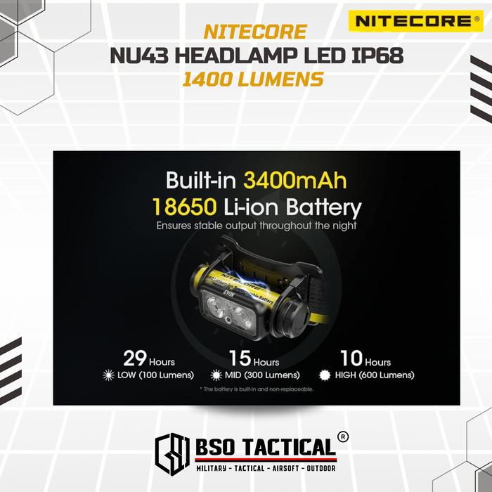 Senter Kepala Nitecore NU43 Headlamp LED Lightweight IP68 1400LM Baterai