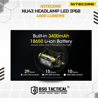Senter Kepala Nitecore NU43 Headlamp LED Lightweight IP68 1400LM Baterai