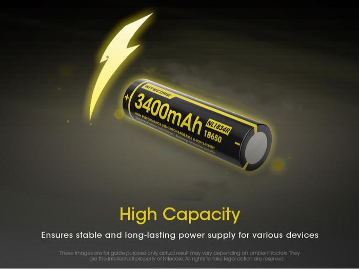 NITECORE Baterai Rechargeable Battery USB-C 18650 Li-Ion 3.7V 3400mAh-NL1834R Batre Led