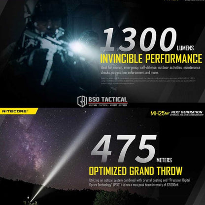 Senter Nitecore MH25 V2 1300 Lumens Tactical Outdoor Flashlight ORI Baterai