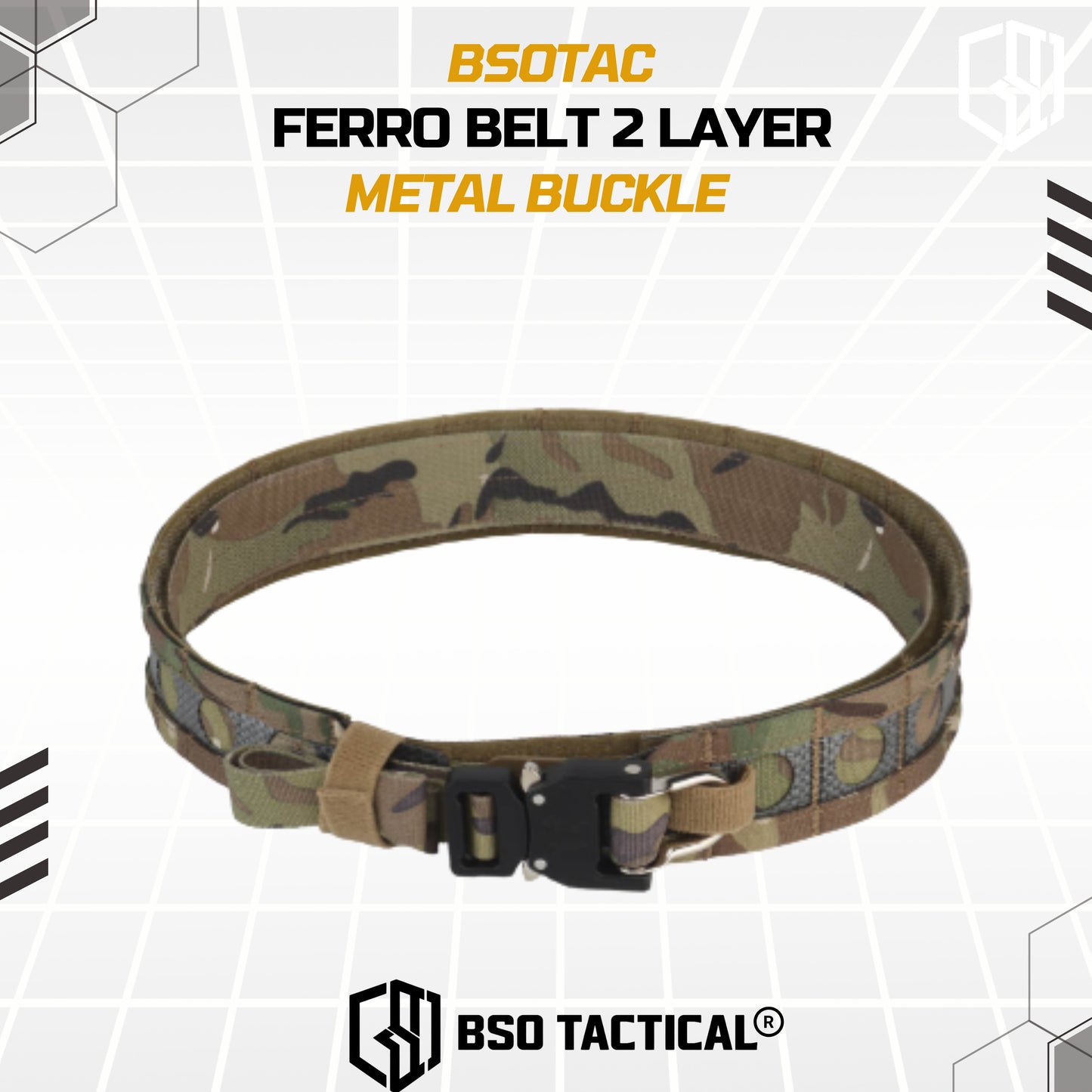Ferro Style Bison Tactical Belt 2 Layer Quick Detach Metal Buckle IPSC Outdoor Multicam & Black 500D CORDURA Nylon Ringan dan Profil Rendah