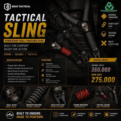 Tali Sandang Rangercord Sling Paracord Skull Custom Handmade 1 Point Metal Multifungsi Outdoor