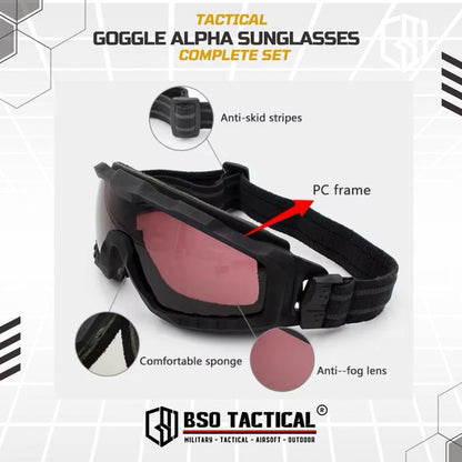 Kacamata Tactical Alpha Combo with Goggle Sunglasses for Outdoor Sport with Free Lens