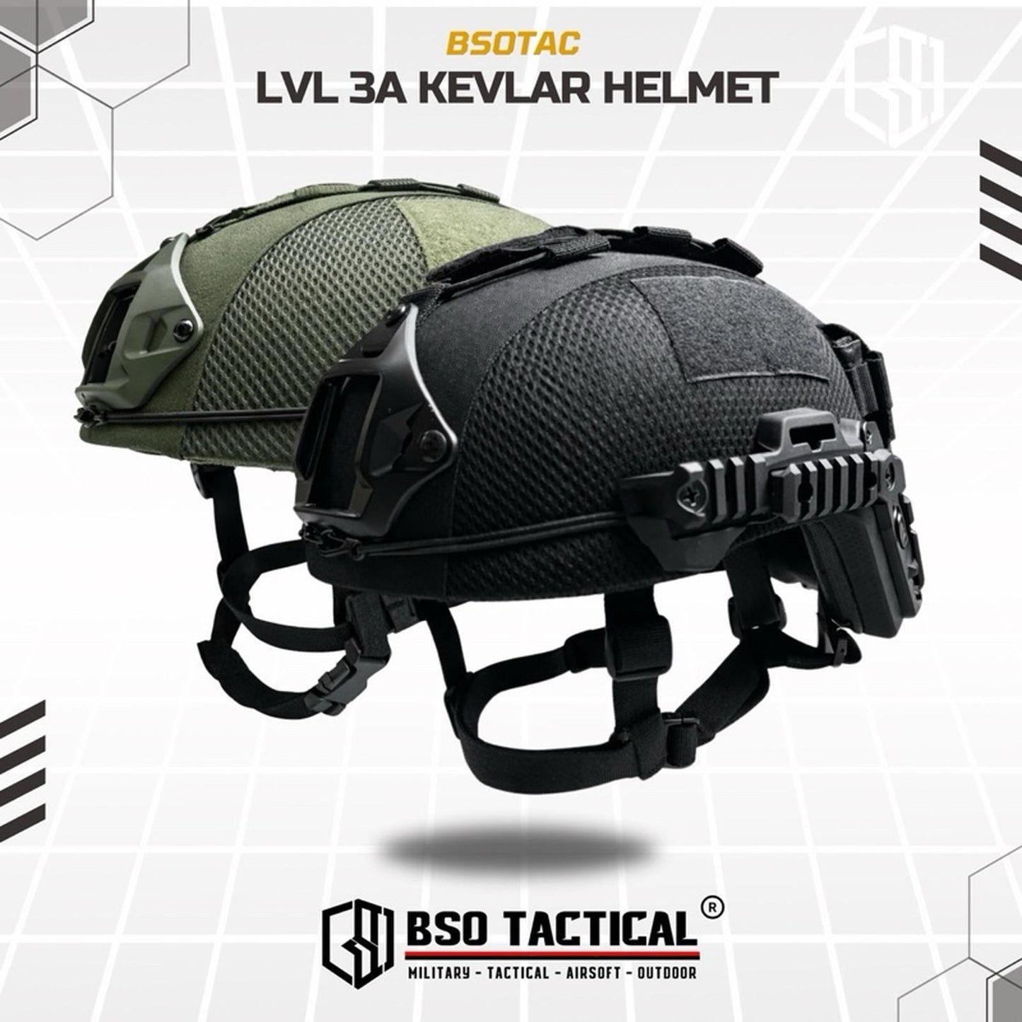 BSOTAC Helm Tactical L3A High Cut Outdoor Protection Helmet Allsize Set Custom with NVG Mount 3.0 Rail
