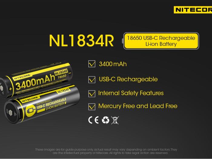 NITECORE Baterai Rechargeable Battery USB-C 18650 Li-Ion 3.7V 3400mAh-NL1834R Batre Led