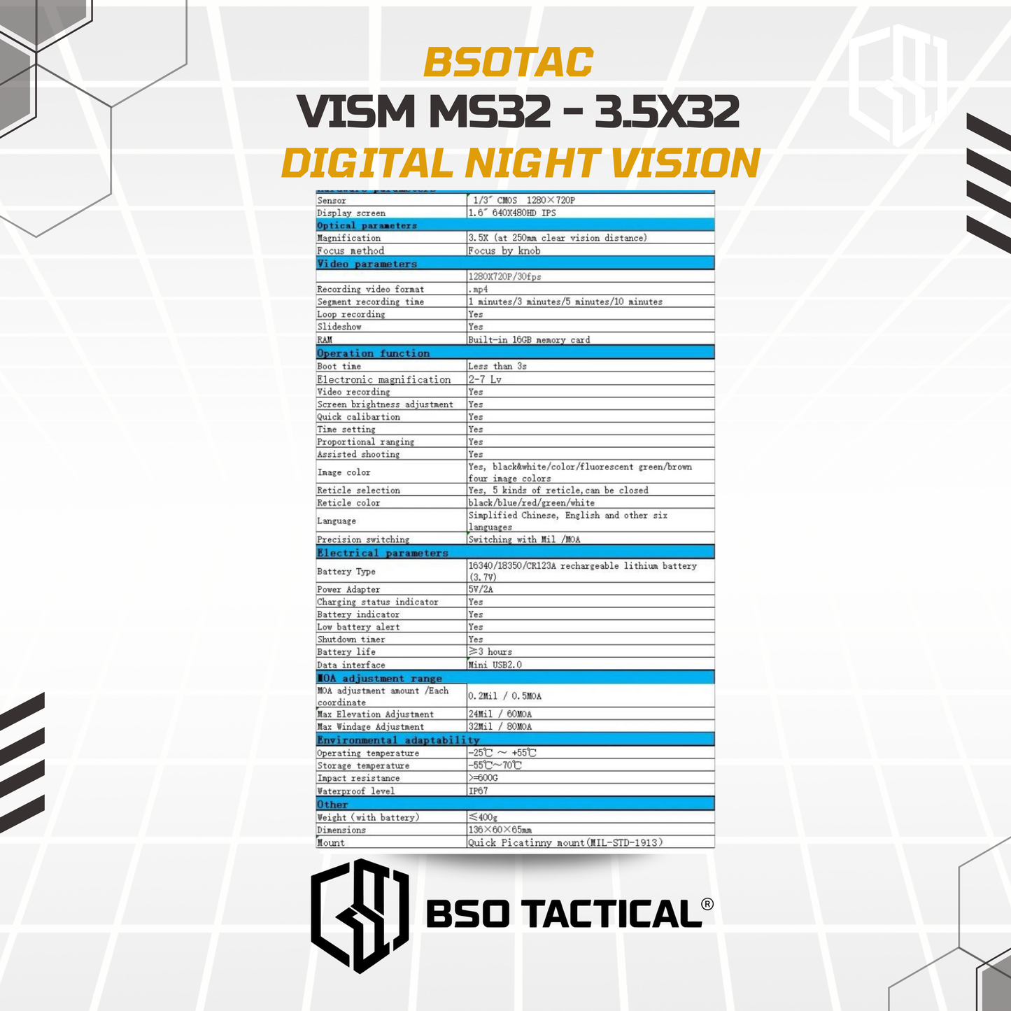 VISM MS32 Pro Version Digital Night Vision 3.5x32 HD Large Vision Picatinny Mount QD
