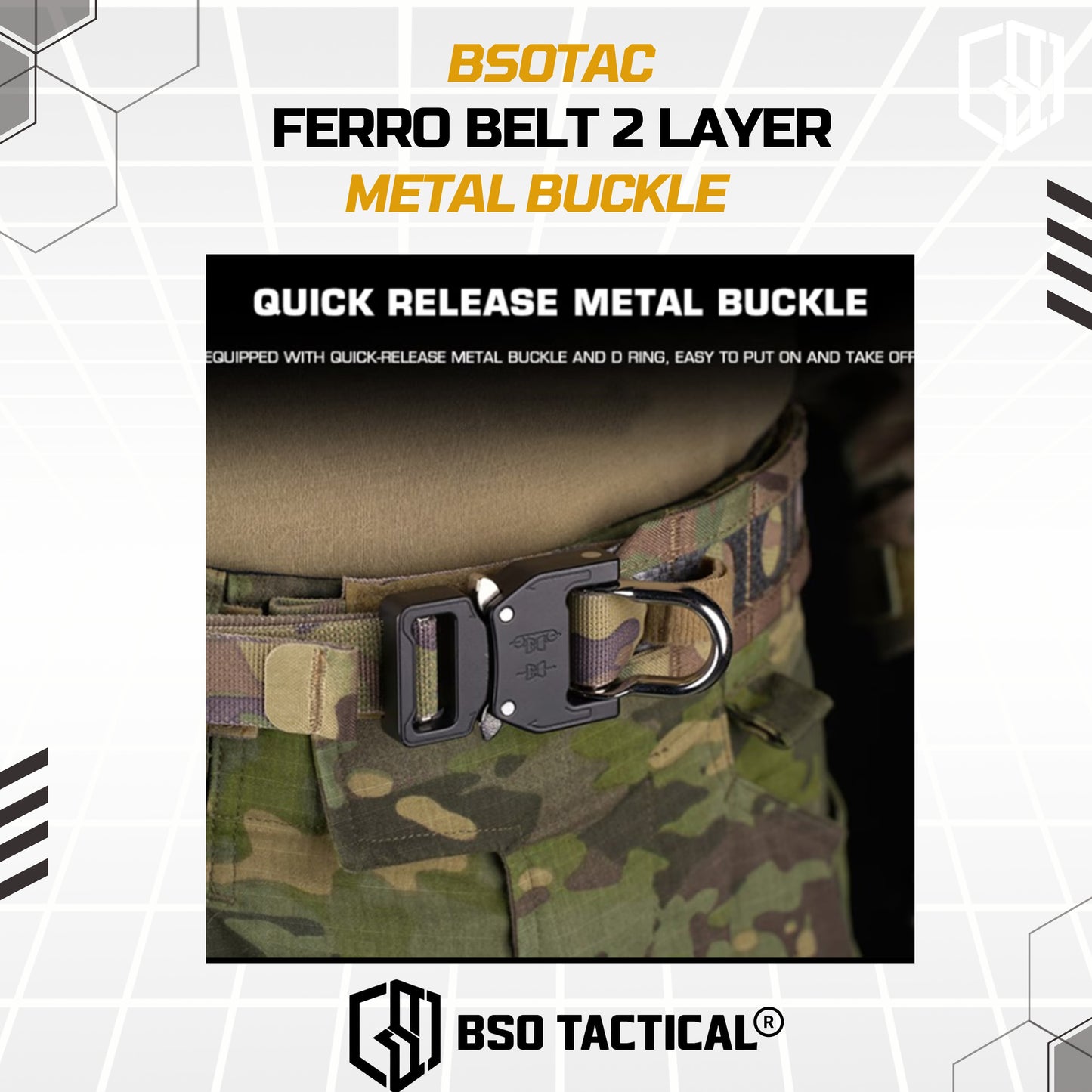 Ferro Style Bison Tactical Belt 2 Layer Quick Detach Metal Buckle IPSC Outdoor Multicam & Black 500D CORDURA Nylon Ringan dan Profil Rendah