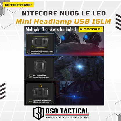 Lampu Nitecore NU06 LE LED Mini Headlamp USB 15LM Tactical Signal Lamp