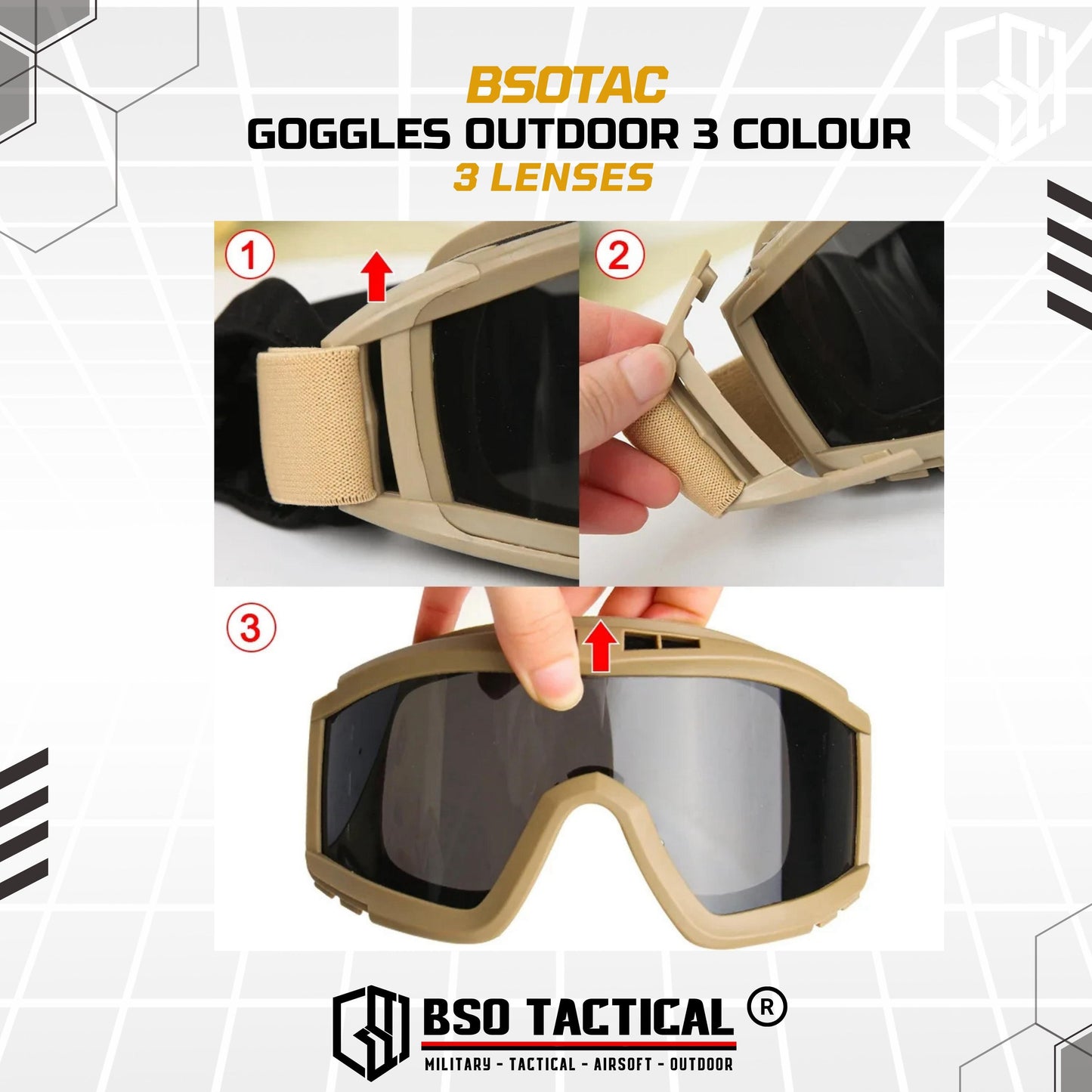 Tactical Outdoor Goggle 3 Lens Rubber Polymer Multifungsi Eye Protection
