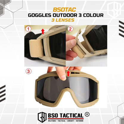 Tactical Outdoor Goggle 3 Lens Rubber Polymer Multifungsi Eye Protection
