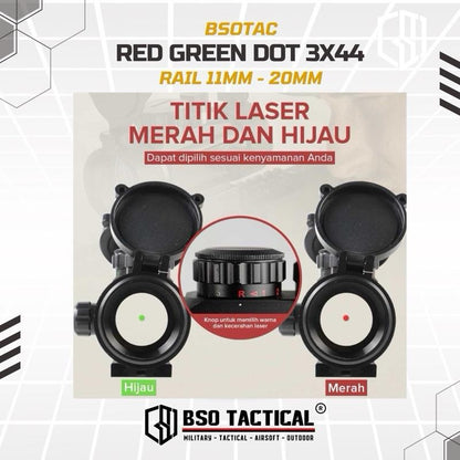 Tactical Red Dot Green Dot Sight 3x44RD 11MM with Picatinny 20-22MM Rail Metal