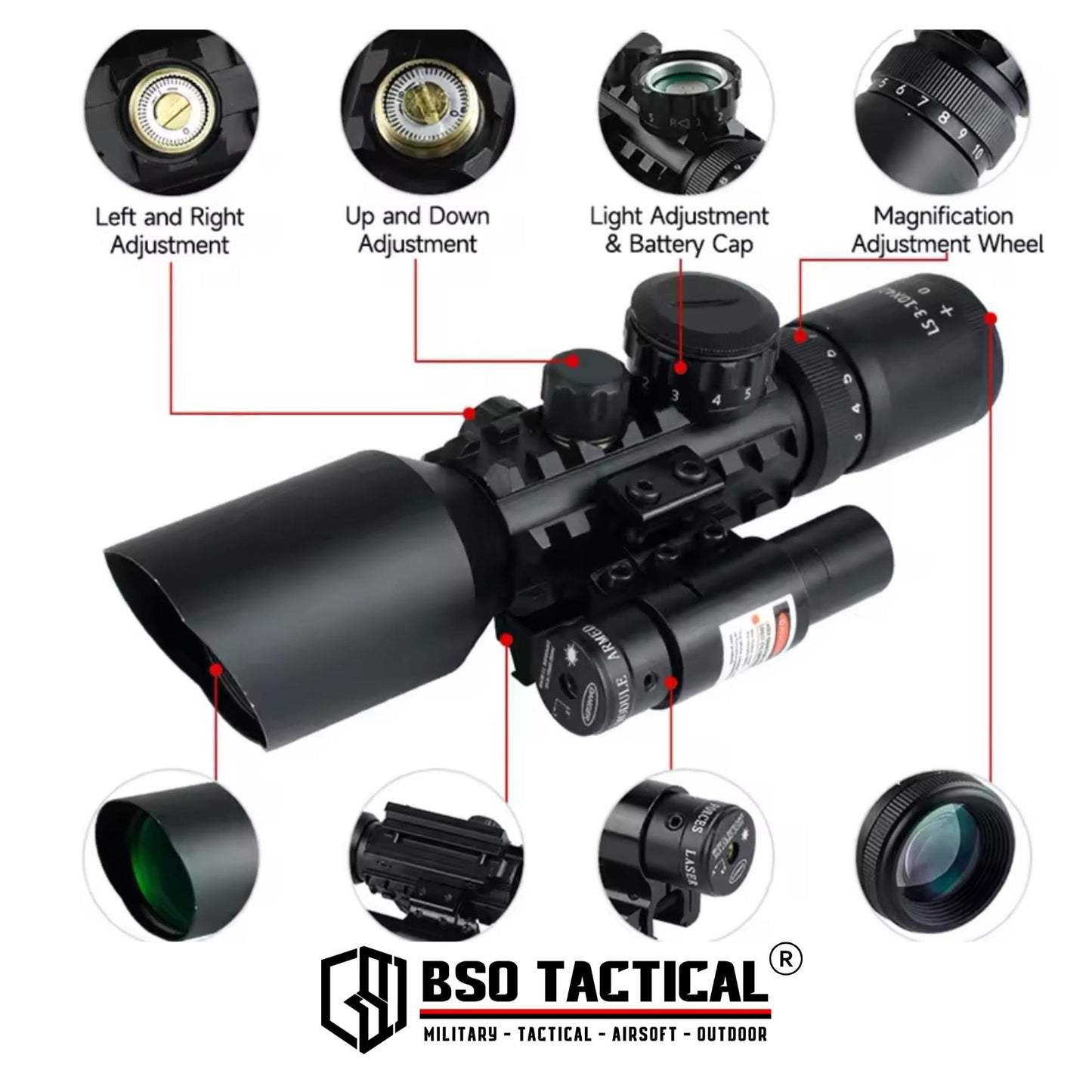 Eyebre M9 LS3-10x42E Optic Tactical Scope with Red Laser Sight Full Metal