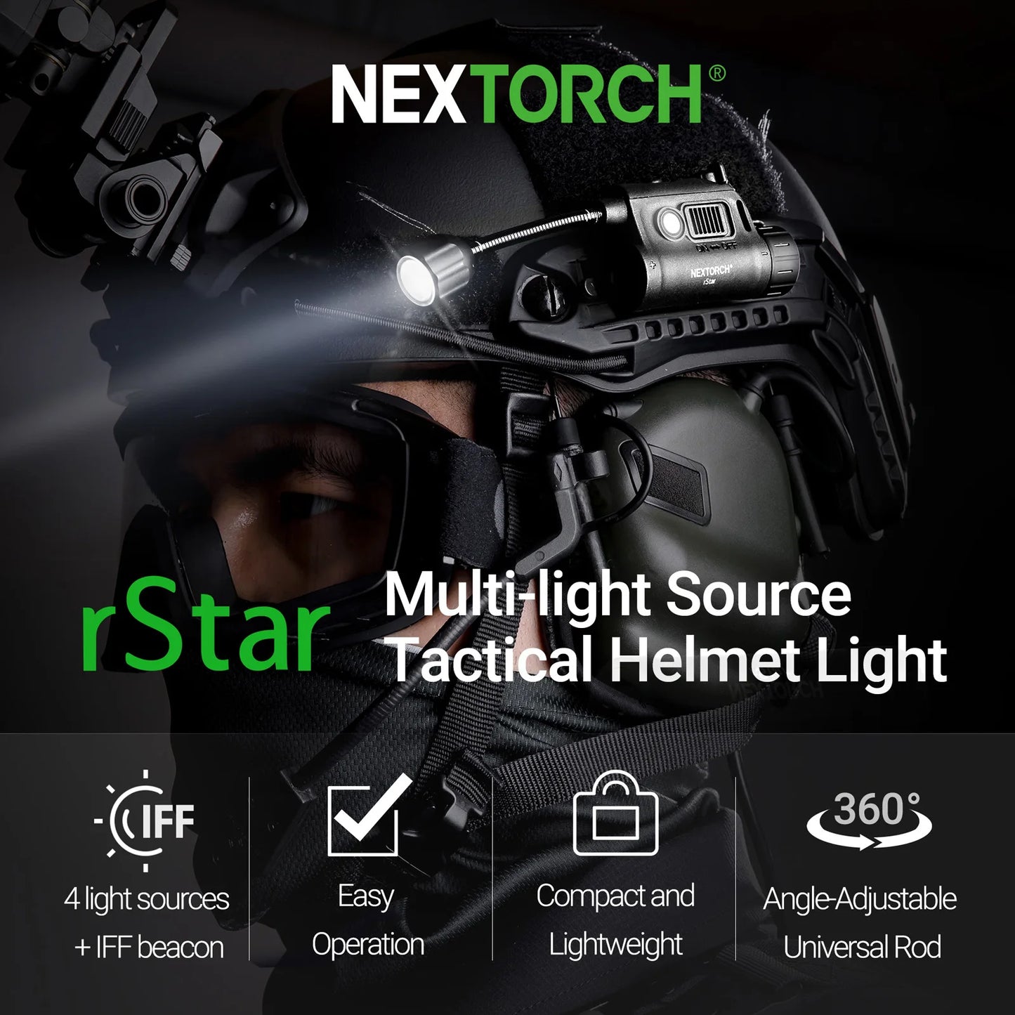 NEXTORCH Senter Helm rStar Multi-light Source Outdoor Helmet Light dengan Warna Putih Merah Hijau IR dan IFF Beacon