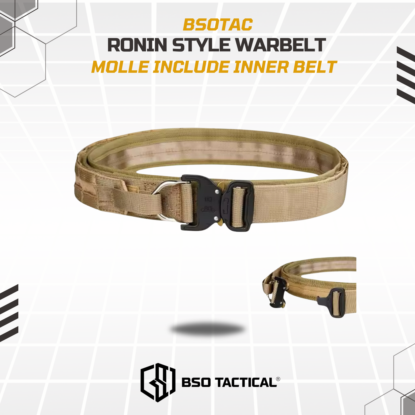 Ronin Style Warbelt Ikat Pinggang Outdooor Belt Molle 2 Layer dengan Buckle Alloy dan Sistem Molle untuk Perlengkapan Outdoor Outer Inner Belt