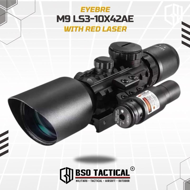 Eyebre M9 LS3-10x42E Optic Tactical Scope with Red Laser Sight Full Metal